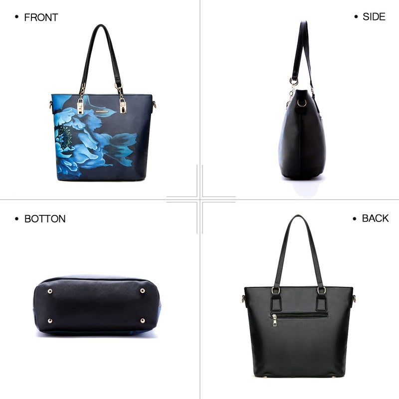 2E-youth Women Designer Purses And Handbags Set Satchel Shoulder Bags Tote Bags 6pcs Wallets (black&blue) - Image 4